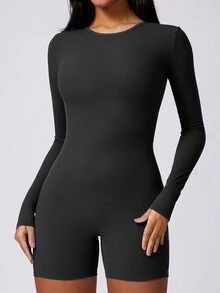 女士连体裤圆领性感紧身衣背部镂空运动紧身连体裤