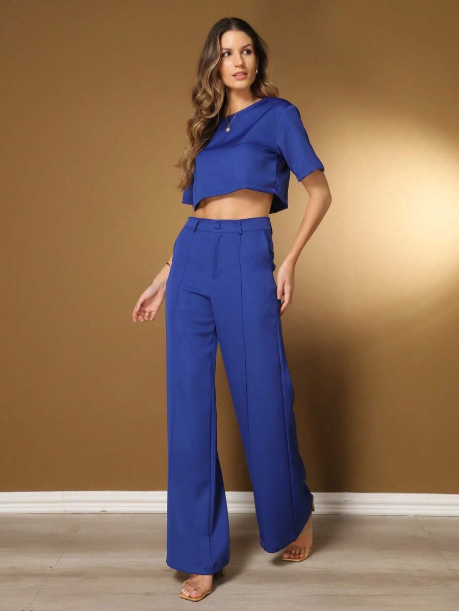 Women's Tailored Set, Short-Sleeved Blouse With Straight-Leg Pants, Great For Everyday Work, Premium Casual Topstitched Finish - Xanh đậm - Xem 1