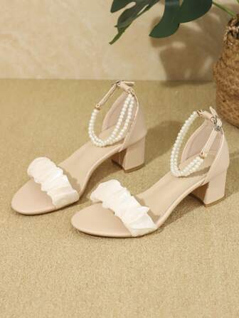 New French Style Women Fashion Versatile High Heel Sandals, Thick Heel, Elegant Peep Toe With Faux Pearl Decor Strap, Mid Heel Classic Round Toe Shoes, Low Heel Plus Size Women Slipper, Apricot Color
