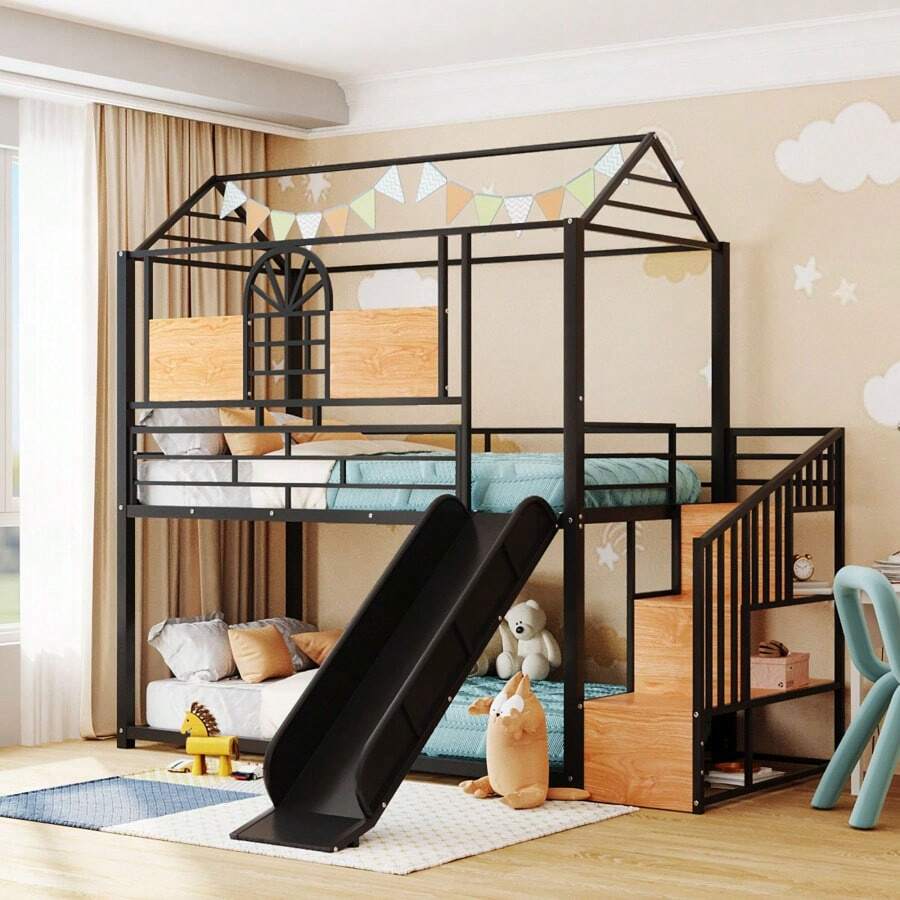 Twin Over Twin Metal Bunk Bed, Metal Housebed With Slide And Storage