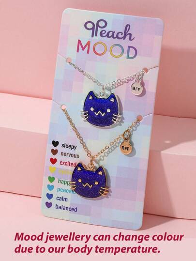 2pcs/Set Cartoon Cat, Butterfly & Turtle Thermo-Sensitive Color Changing Pendant Necklaces, Best Friend Children's Gift