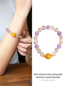 [VE]1pc Silver Natural Violet Titanium Crystal Bracelet, Featuring Violet Titanium Crystal And Amber, With Meaning Of Auspicious Fortune. The Deep And Charming Color Tone, Powerful Energy, Can Enhance Personal Aura And Bring Good Luck And Health, An Essential Choice For Those Pursuing Fashion And Wellness. Natural Gemstone Color Varies. - Multicolor - View 1