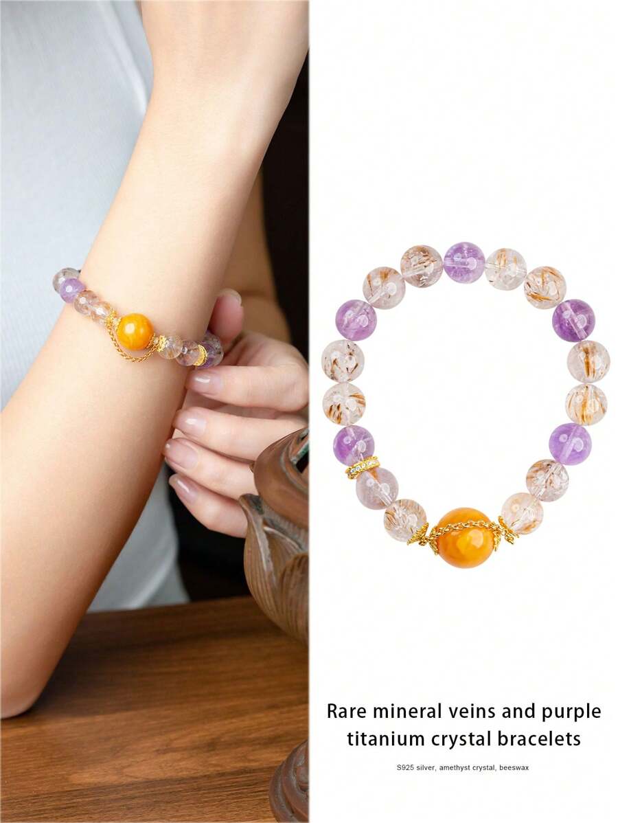 [VE]1pc Silver Natural Violet Titanium Crystal Bracelet, Featuring Violet Titanium Crystal And Amber, With Meaning Of Auspicious Fortune. The Deep And Charming Color Tone, Powerful Energy, Can Enhance Personal Aura And Bring Good Luck And Health, An Essential Choice For Those Pursuing Fashion And Wellness. Natural Gemstone Color Varies. - Multicolor - View 1