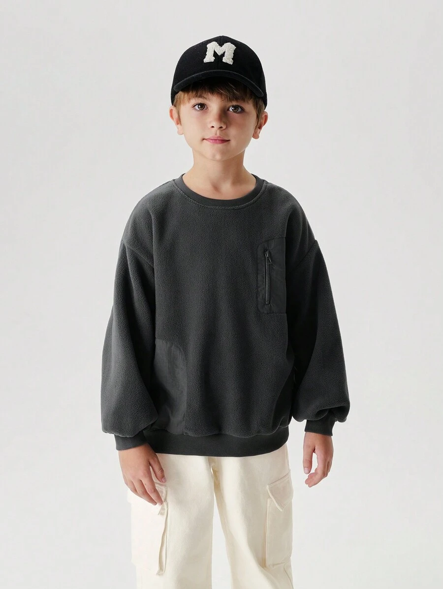 MARC&JANIE 男童户外登山服防静电柔软抓绒口袋拼接卫衣，秋冬季 - 深灰色 - 查看 1