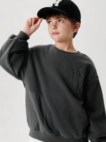 MARC&JANIE 男童户外登山服防静电柔软抓绒口袋拼接卫衣，秋冬季 - 深灰色 - 查看 3