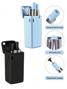 Personalized Foldable Reusable Straw, Stainless Steel Cocktail Straw, Long Straw, Plastic Bendable Drinking Tube With Carrying Case - Multicolor - View 2