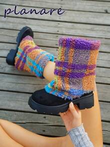 planare Dammode Casual Patchwork Motorcykelstövlar med rutigt mönster, varmt foder, tjock häl, korta ankelstövlar, tjock sula, rund tå, flerfärgad, bekväm, för höst och vinter - Multifärgad - Visa 2