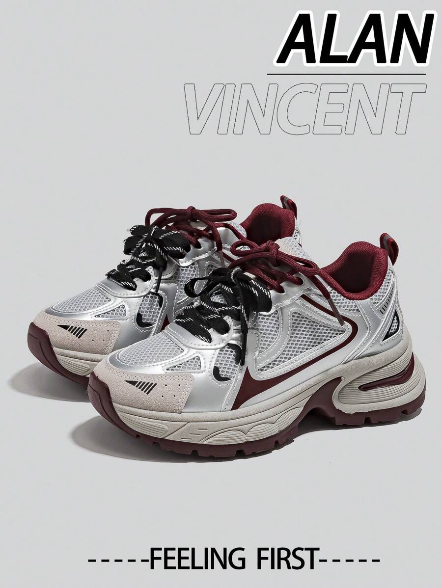 Alan Vincent [城市运动鞋系列] 银红色女鞋，2025新款厚底运动鞋，舒适时尚跑步鞋，休闲运动鞋，女士户外鞋，透气网面