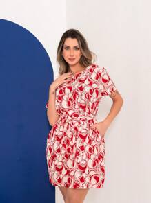 Vestido curto estampado com cinto amarrar - Vermelho - Visão 3