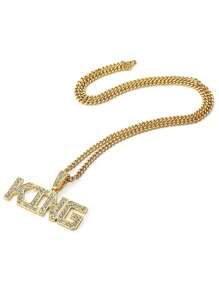 1 pieza Collar con colgante de corona de cristal estilo hip-hop punk con la palabra "REY" y cadena, joyería de moda para niños - A - Ver 3