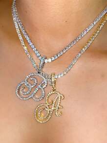 Shiny Cursive Letter Cubic Zirconia Chain Necklace, Hip Hop Style CZ 26 Letter Pendant Necklace, Can Be Paired With Shiny Tennis Chain For Daily Wear, Make You The Center Of Attention. - Cursive Letters - View 3