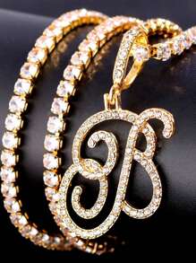 Shiny Cursive Letter Cubic Zirconia Chain Necklace, Hip Hop Style CZ 26 Letter Pendant Necklace, Can Be Paired With Shiny Tennis Chain For Daily Wear, Make You The Center Of Attention. - Cursive Letters - View 4