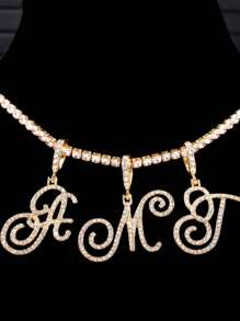 Shiny Cursive Letter Cubic Zirconia Chain Necklace, Hip Hop Style CZ 26 Letter Pendant Necklace, Can Be Paired With Shiny Tennis Chain For Daily Wear, Make You The Center Of Attention. - Cursive Letters - View 5