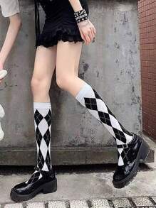 1 双白色菱形格子及膝袜，学院风，春秋季长筒袜，百搭又显瘦 - 白色 - 查看 1