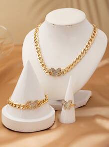 Bộ 3 chiếc vòng cổ, vòng tay và nhẫn hình con bướm bằng kim loại vàng thanh lịch có đính đá Rhinestone, phù hợp cho phụ nữ hàng ngày, tiệc tùng, lễ hội - Vàng - Xem 3