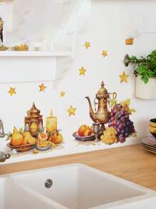 1 件多色墙贴贴花，装饰茶壶和水果图案，适用于家庭厨房内部 - 彩色 - 查看 5