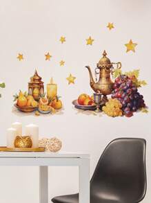 1 件多色墙贴贴花，装饰茶壶和水果图案，适用于家庭厨房内部 - 彩色 - 查看 3