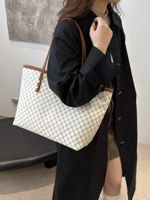 1pc White PU Zipper Pattern Print Rivet Inlaid Minimalist Practical Large Capacity Shoulder Tote Bag, Suitable For Women Daily Use - White - View 9