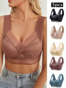 5pcs Floral Lace Decor Bra For Women, Sports Bra Comfy Breathable Full Coverage Wirefree Yoga Bra, Women's Activewear For Fall & Winter, Floral Lace Wireless Bralette Comfortable Full-Coverage Support, Breathable Lingerie For Everyday Wear - Màu hỗn hợp - Xem 1