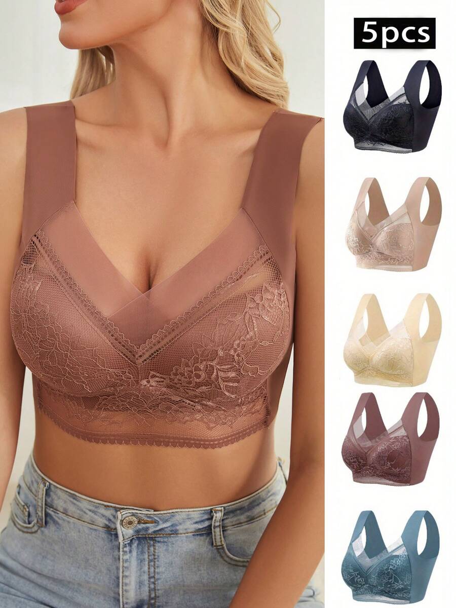 5pcs Floral Lace Decor Bra For Women, Sports Bra Comfy Breathable Full Coverage Wirefree Yoga Bra, Women's Activewear For Fall & Winter, Floral Lace Wireless Bralette Comfortable Full-Coverage Support, Breathable Lingerie For Everyday Wear - Màu hỗn hợp - Xem 1