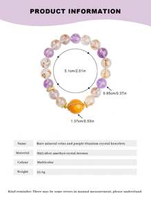 [VE]1pc Silver Natural Violet Titanium Crystal Bracelet, Featuring Violet Titanium Crystal And Amber, With Meaning Of Auspicious Fortune. The Deep And Charming Color Tone, Powerful Energy, Can Enhance Personal Aura And Bring Good Luck And Health, An Essential Choice For Those Pursuing Fashion And Wellness. Natural Gemstone Color Varies. - Multicolor - View 7