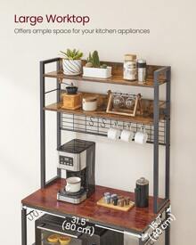 VASAGLE Kitchen Storage Rack With Power Outlet, Coffee Bar, Baker's Rack, With Metal Wire Panel, 14 Hooks, For Microwave, Steel Frame, 40 X 80 X 170 Cm, Rustic Brown And Ink Black