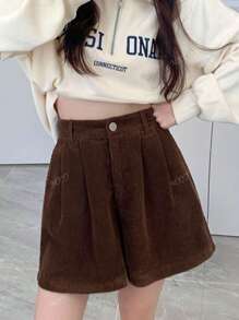Autumn New Korean Corduroy Wide Leg Pants, Elastic Waist Casual Shorts For Women