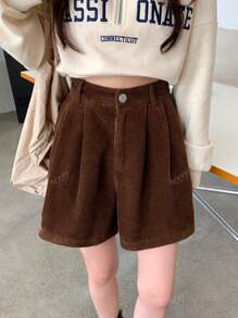 Autumn New Korean Corduroy Wide Leg Pants, Elastic Waist Casual Shorts For Women