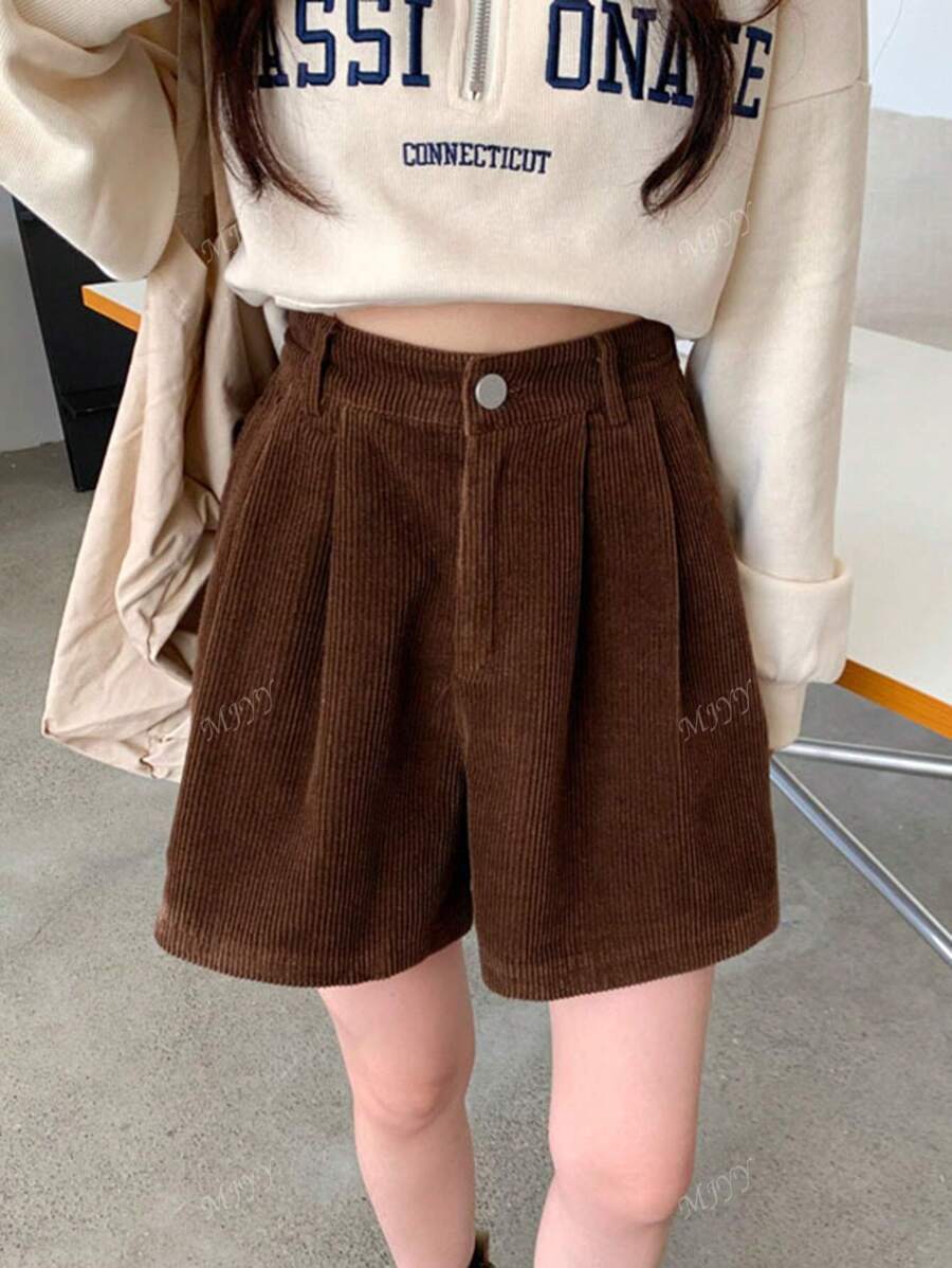 Autumn New Korean Corduroy Wide Leg Pants, Elastic Waist Casual Shorts For Women