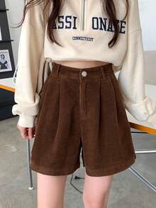 秋季新款韩版灯芯绒阔腿裤女松紧腰休闲短裤 - 棕色 - 查看 4