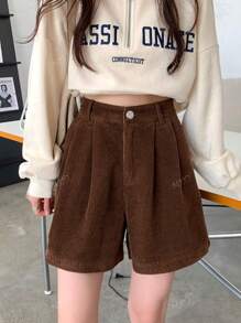 Autumn New Korean Corduroy Wide Leg Pants, Elastic Waist Casual Shorts For Women