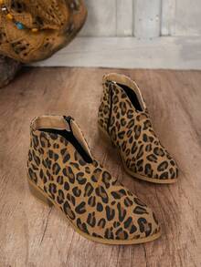 女士时尚粗跟尖头侧拉链切尔西踝靴和短靴，时尚豹纹装饰短筒靴，马靴，摩托靴，西部靴，冬靴，红色高跟鞋 - 棕色豹紋 - 查看 4