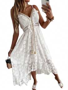 Women Lace Hem Dress, Deep V-Neck Sleeveless Beachwear, Summer Skirt, Beige/ White - 白色 - 查看 3