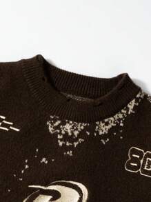 新款春秋季男士休闲摩托车拼接毛衣，圆领套头针织衫，修身短款毛衣 - 卡其色 - 查看 3