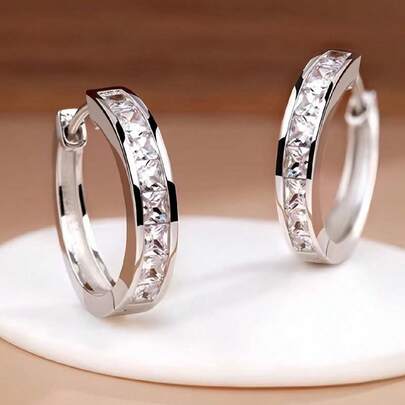 Hoa tai bạc Sterling 925 Zirconia sáng bóng mới cho nữ Hoa tai tròn thời trang trang sức thanh lịch Quà tặng sinh nhật