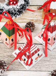 12/4pcs Christmas Cartoon Printed Triangle Gift Box Birthday And New Year Party Companion Gift Box With Ribbon Hang Tag