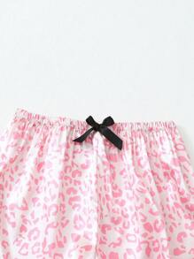 Conjunto de 2 piezas de pijama con estampado de leopardo en tono rosa satinado, camisa de manga corta con solapa y botones y pantalón con lazo, ropa cómoda para el hogar/dormir, adecuado para primavera/otoño, conjunto de dos piezas - Rosa - Ver 6
