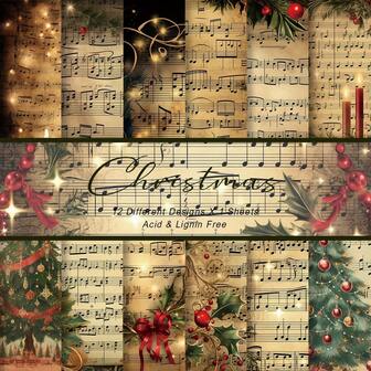 12pcs Vintage Christmas Sheet Music Scrapbook Paper, 6x6 Inch - Single-Sided Kraft Pad For DIY Cards, Origami & Junk Journals, Decorative Crafting Set, Unique Gift Idea