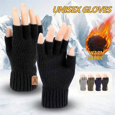 Warm Gloves Short Half Finger Stretch Knitted Gloves, Winter Coldproof Convenient Writing Texting Gloves