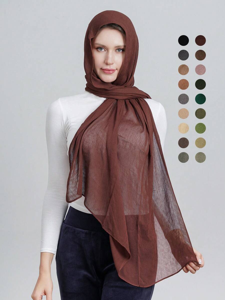 1 件女式纯色简约卷边褶皱围巾头巾，柔软透气头巾披肩，休闲日常使用面纱衣服