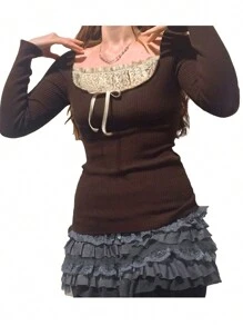 Women Fairy Grunge Clothes Tops Long Sleeve Knitted Slim Fit Tops Lace Stitching Neckline Knitwear Bowknot Casual Pullover T-Shirts Vintage Aesthetic Streetwear For Fall Spring
