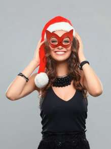 1 件圣诞红色 PU 皮革猫面具，适合女士，化妆舞会眼罩或超级英雄面具，适合圣诞派对角色扮演服装，适合狂欢派对 - 紅色 - 查看 3