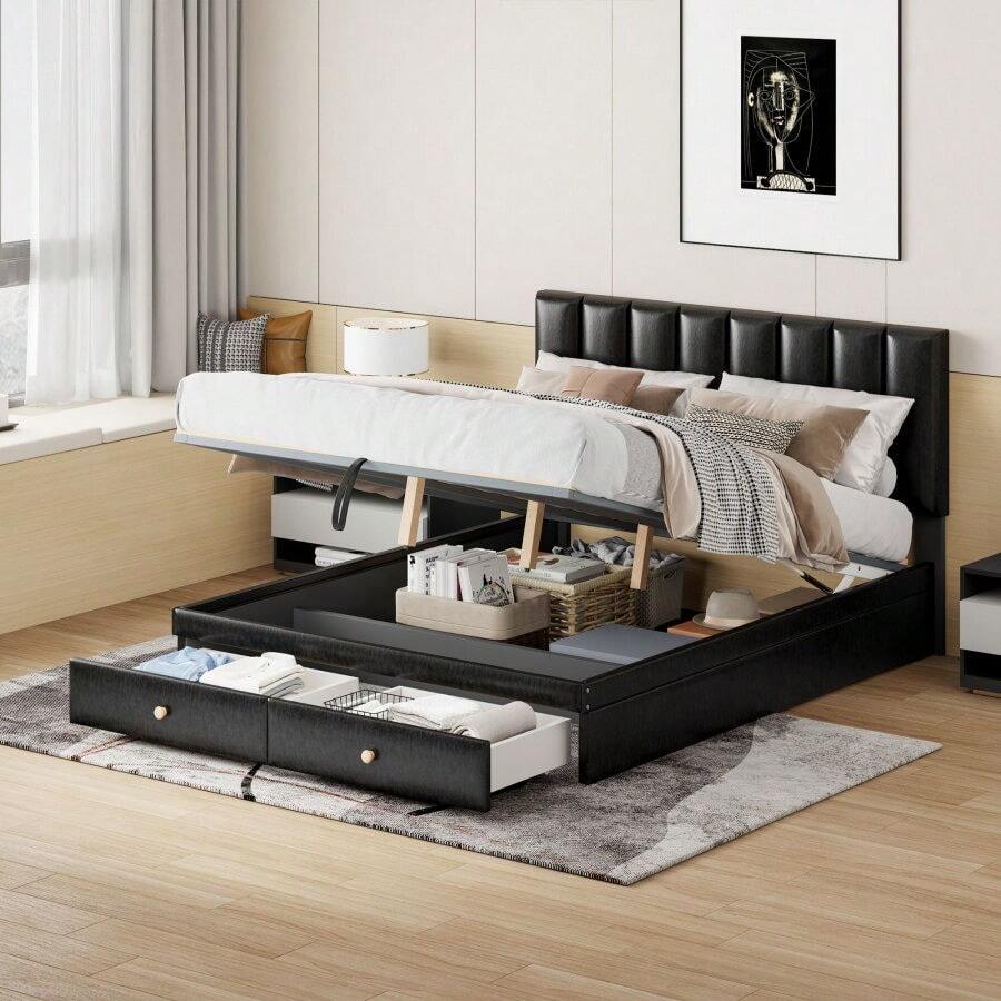Queen Size Upholstered Bed With Hydraulic Storage System And Drawer
