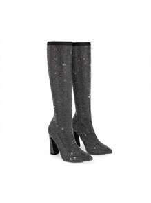 Women's Rhinestone Embellished Knitted Knee-High Boots Pointed Toe Fashionable Sexy Boots For Party, Holiday, Christmas - 黑色 - 查看 2