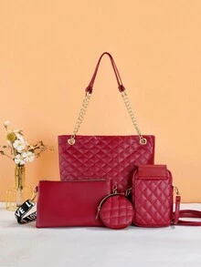 女士四件套组合包 - 时尚必备！单肩包、托特包、斜挎包、迷你包组合，手提包、斜挎包，百搭实用，时尚大容量，适合各种场合，跨境热销 - 酒紅色 - 查看 2