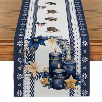 1/4pcs Blue Snowflower Print Tablecloth Set, Christmas Decor Floral Pattern Table Runners & Placemats, Festive Holiday Tablescape Textile Decor, Indoor & Outdoor Party Supplies, Kitchen Dining Table Decoration