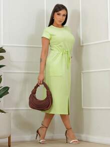 Women's Casual Midi Dress With Front Slit - 青檸色 - 查看 3