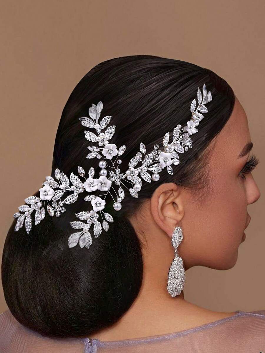 手工制作软粘土花朵新娘头饰，水钻镶嵌合金叶花设计发梳 HP368-S