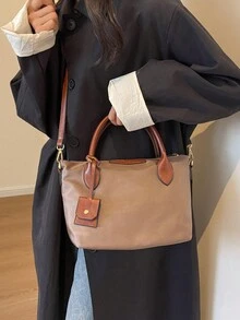 1 件纯色拼布简约手提包，休闲日常手提包 - 摩卡棕 - 查看 7