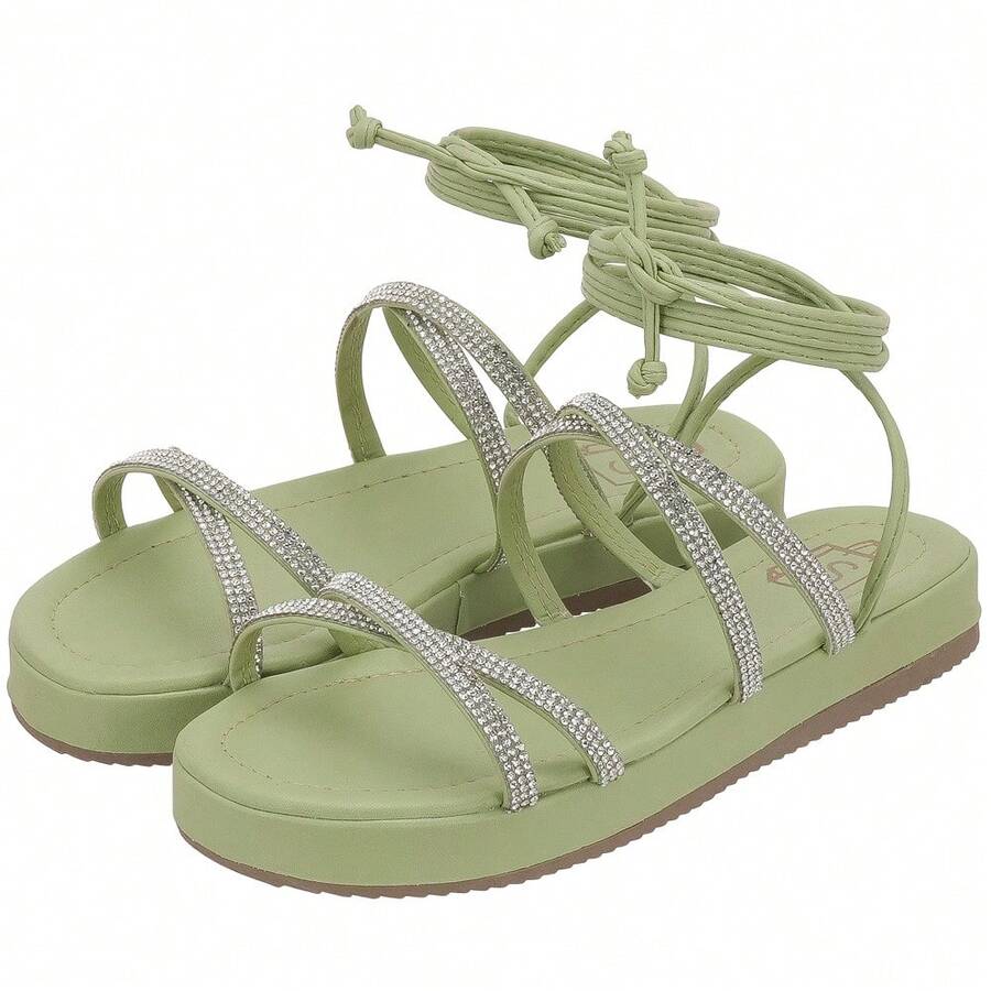 Women's Flatform Strappy Sandals With Shiny Lace-Up Fashion - màu xanh lá - Xem 1